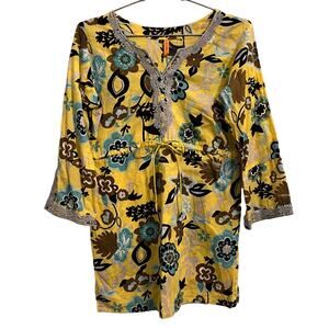 Rungolee Womens Yellow & Blue Floral 3/4 Sleeve Beach Cover Up S